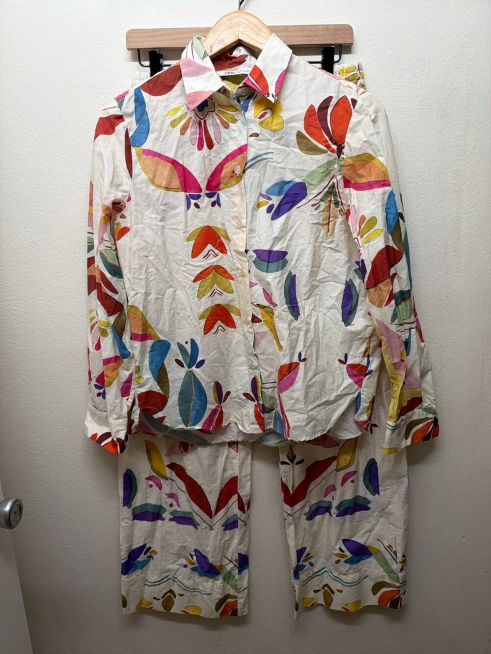 Zara Bloggers Favorites Matching Set Printed Button Down & Pants M Floral Beach